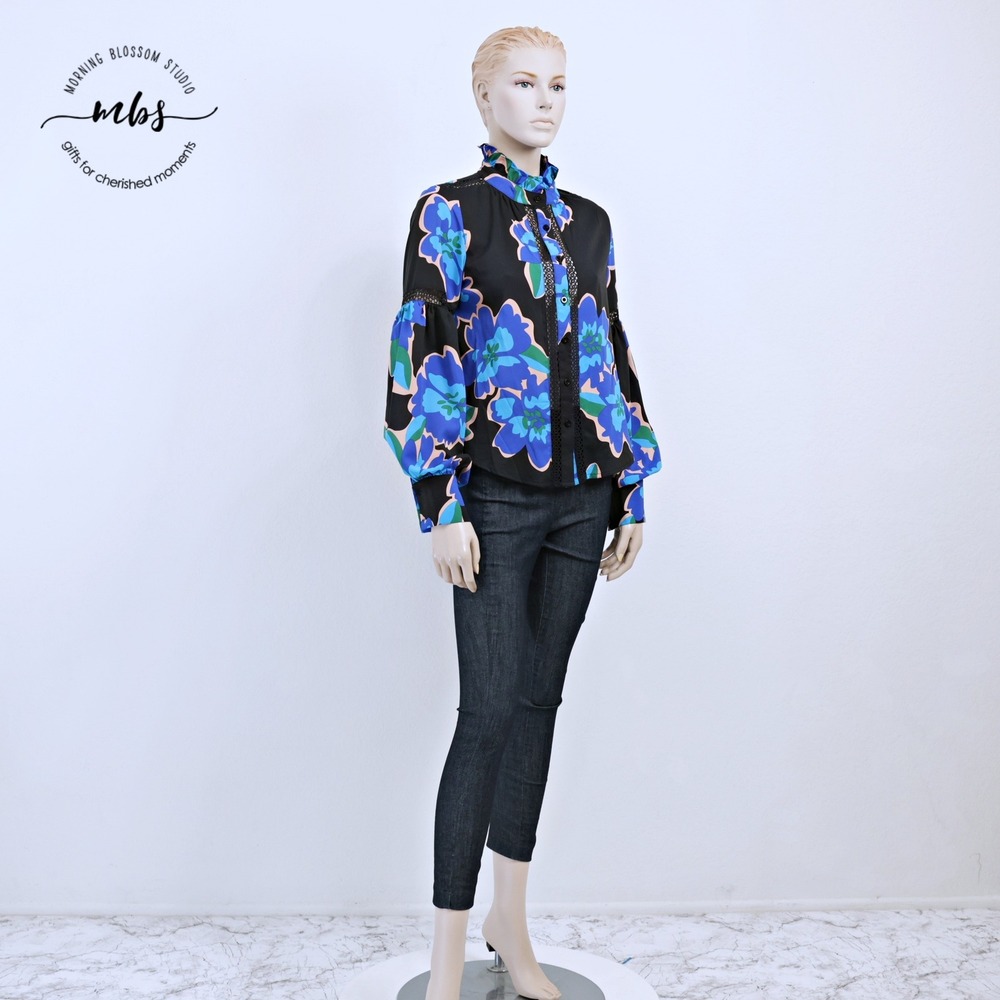 Gracia Floral Print Button Front Bohemian Chic Blouse Black Blue Women S